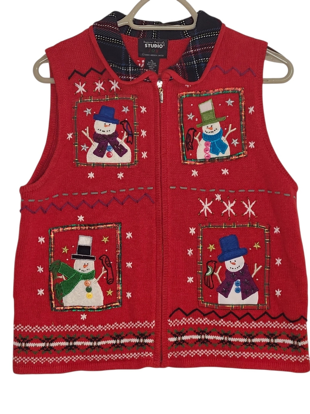 Vintage Designers Originals Studio Joy Red Snowman Christmas Sweater Vest Sz PL